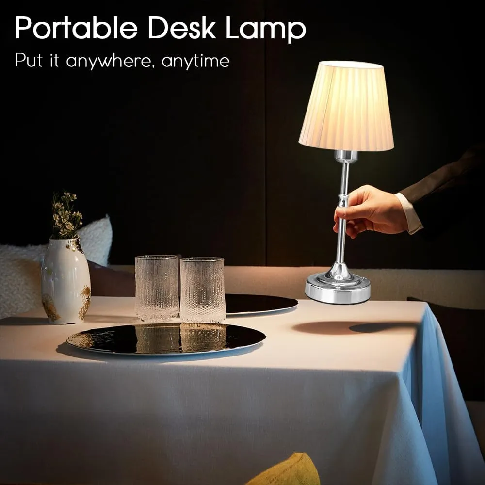 Cordless LED Metal Table Lamp, Portable Fabric Shade Desk Lamp, 3-Level Brightness, Touch Sensor Control, Rechargeable Bedside/Nursery/Dining Room Lamp (Light Silver)