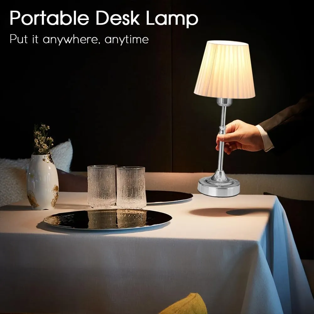 Cordless LED Metal Table Lamp, Portable Fabric Shade Desk Lamp, 3-Level Brightness, Touch Sensor Control, Rechargeable Bedside/Nursery/Dining Room Lamp (Silver)