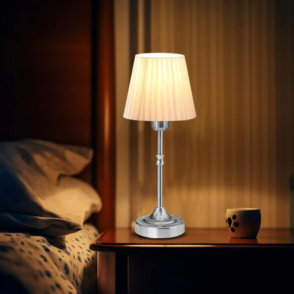 Cordless LED Metal Table Lamp, Portable Fabric Shade Desk Lamp, 3-Level Brightness, Touch Sensor Control, Rechargeable Bedside/Nursery/Dining Room Lamp (Silver)
