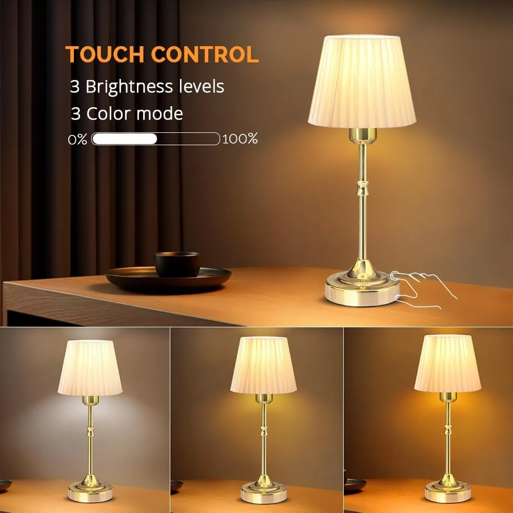 Cordless LED Metal Table Lamp, Portable Fabric Shade Desk lamp, 3-Level Brightness, Touch Sensor Control, Rechargeable Bedside/Nursery/Dining Room lamp