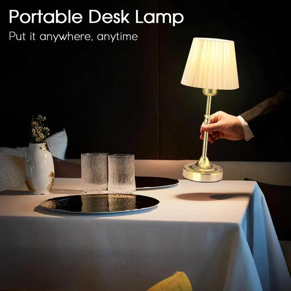 Cordless LED Metal Table Lamp, Portable Fabric Shade Desk lamp, 3-Level Brightness, Touch Sensor Control, Rechargeable Bedside/Nursery/Dining Room lamp