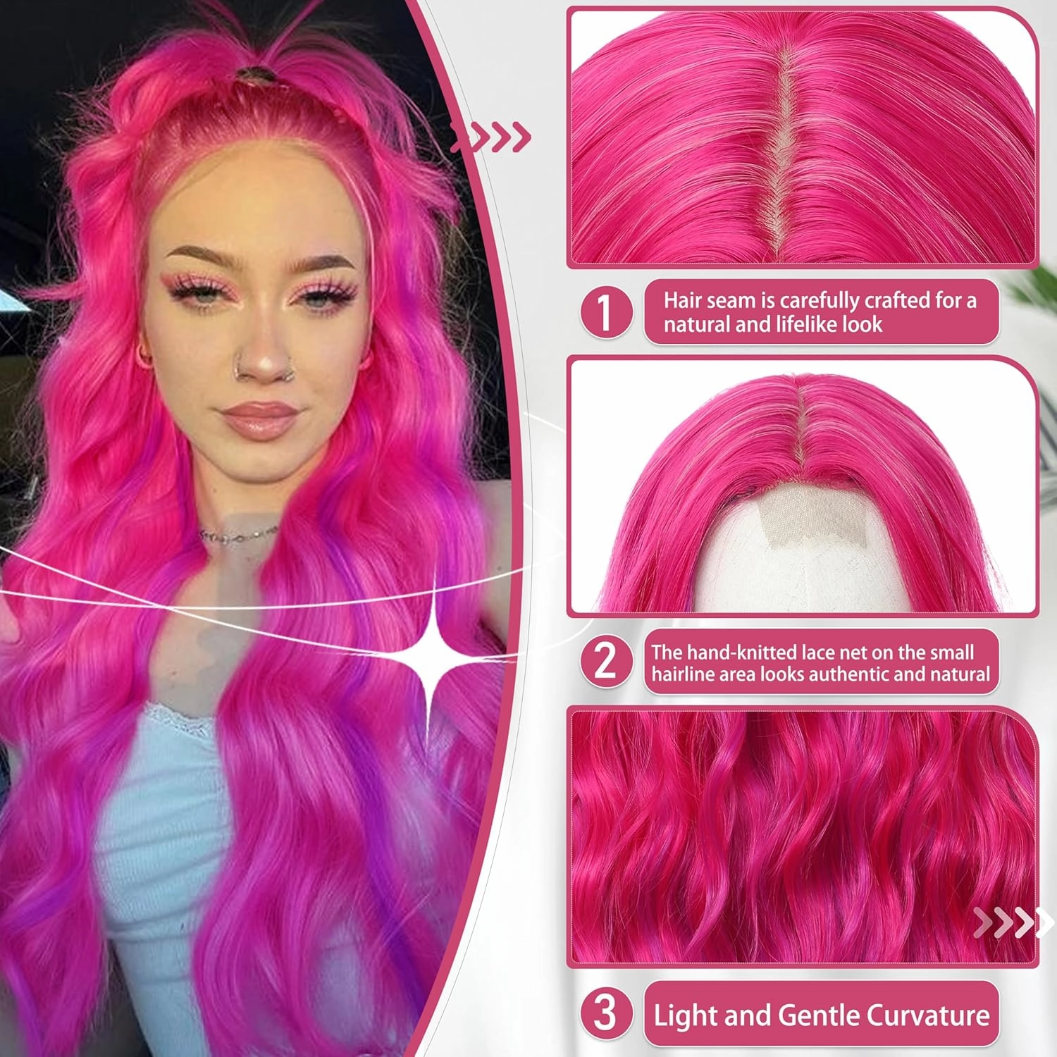 Cosplay Long Hot Pink mix Purple Wig 28 Inch Middle Part Synthetic Wig Realistic Gifts Party Wigs for Women Daily Use Colorful Wigs (Hot Pink mix Purple)