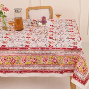 COTSILER Premium Handblock Printed Cotton Floral Tablecloth/Table Cover, Rectangular, Washable, Pre-Washed, Event, Dining, Thanksgiving (Red White-D3, 72x108 Inches)