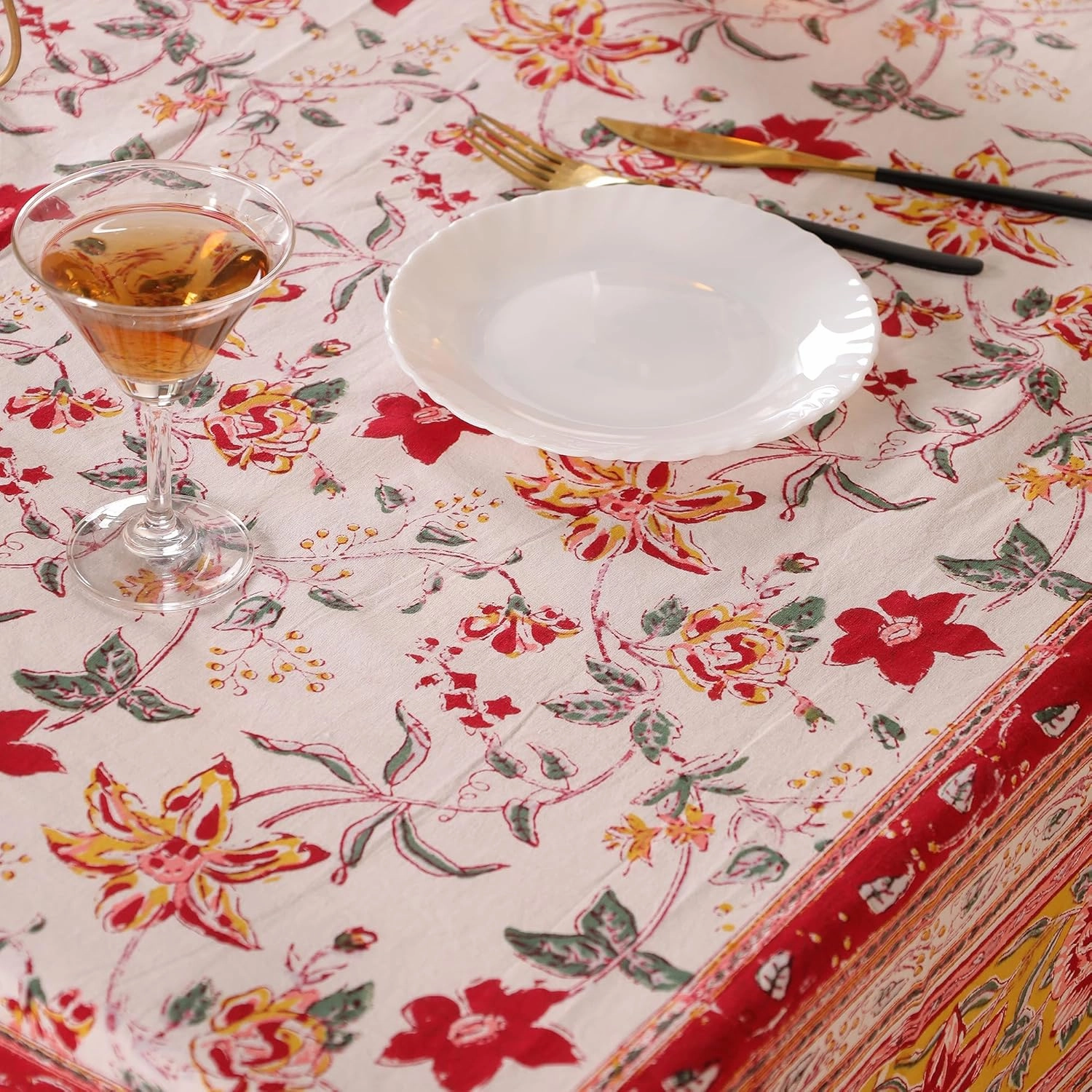 COTSILER Premium Handblock Printed Cotton Floral Tablecloth/Table Cover, Rectangular, Washable, Pre-Washed, Event, Dining, Thanksgiving (Red White-D3, 72x108 Inches)