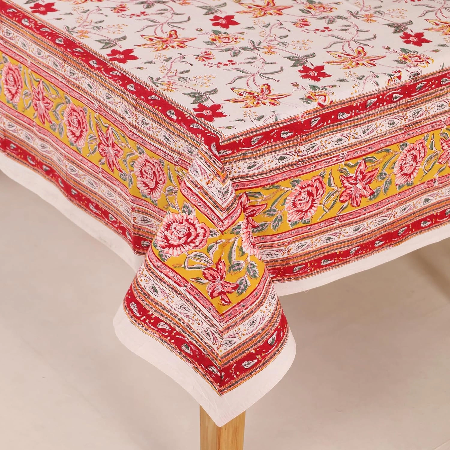 COTSILER Premium Handblock Printed Cotton Floral Tablecloth/Table Cover, Rectangular, Washable, Pre-Washed, Event, Dining, Thanksgiving (Red White-D3, 72x108 Inches)