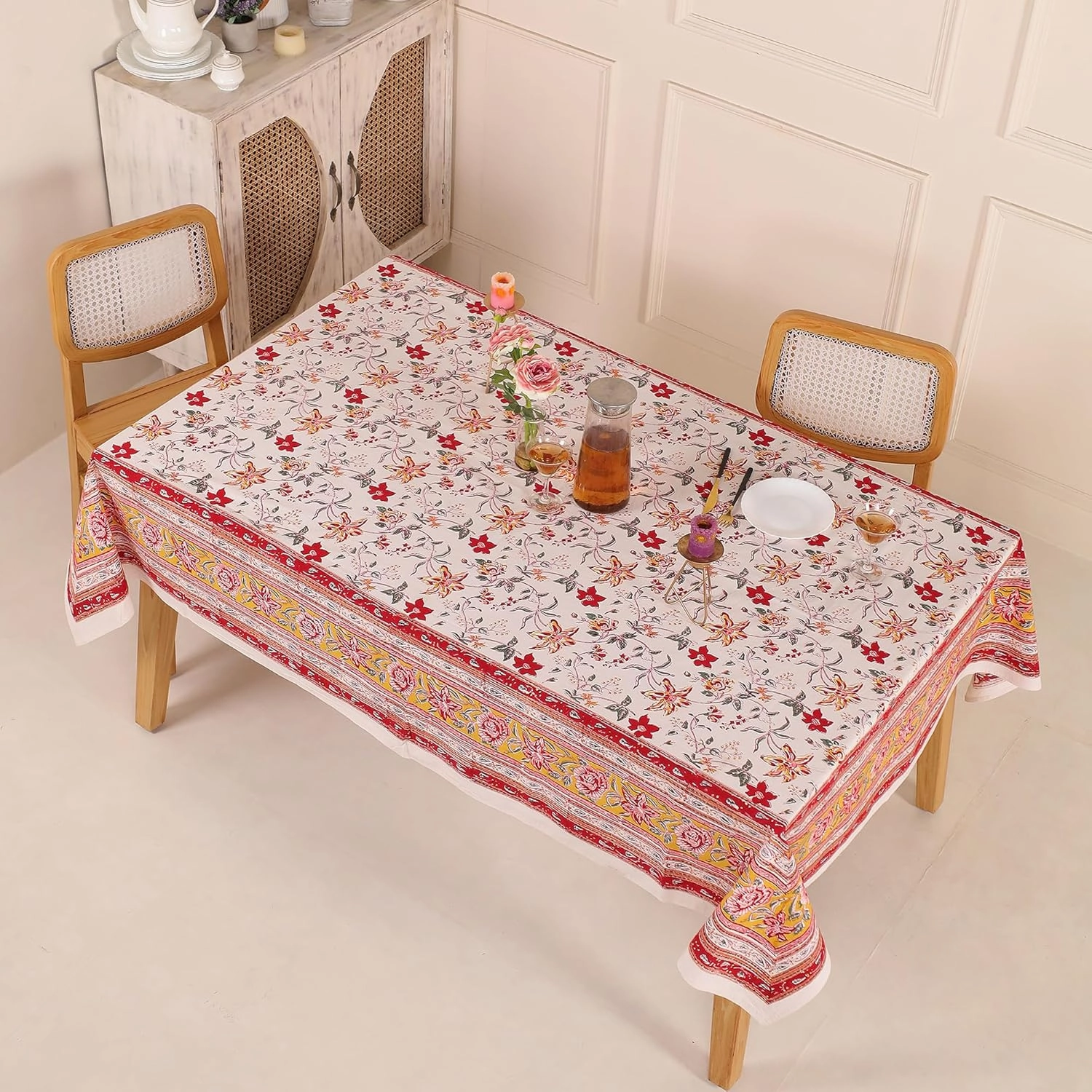 COTSILER Premium Handblock Printed Cotton Floral Tablecloth/Table Cover, Rectangular, Washable, Pre-Washed, Event, Dining, Thanksgiving (Red White-D3, 72x108 Inches)