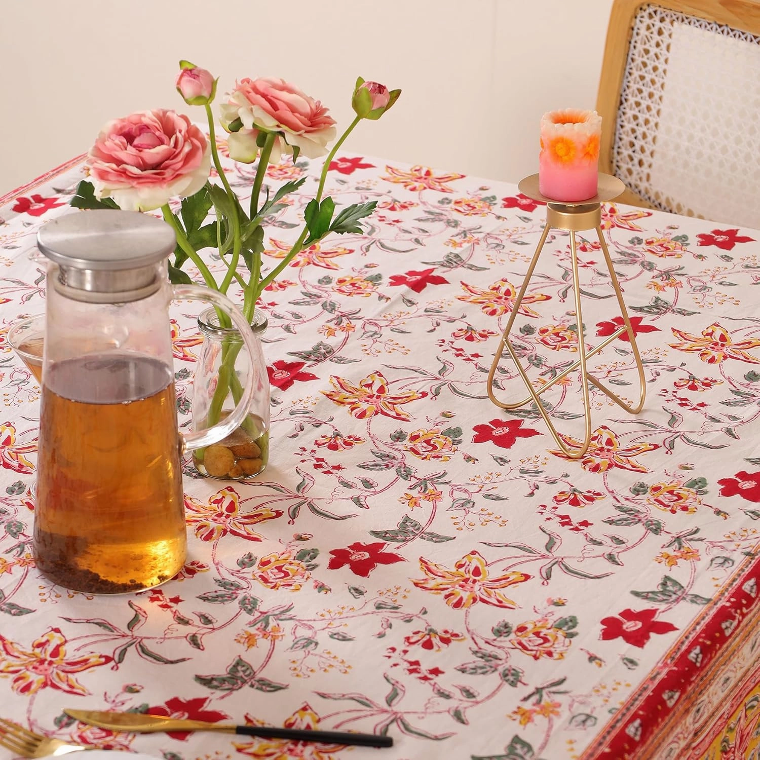 COTSILER Premium Handblock Printed Cotton Floral Tablecloth/Table Cover, Rectangular, Washable, Pre-Washed, Event, Dining, Thanksgiving (Red White-D3, 72x108 Inches)