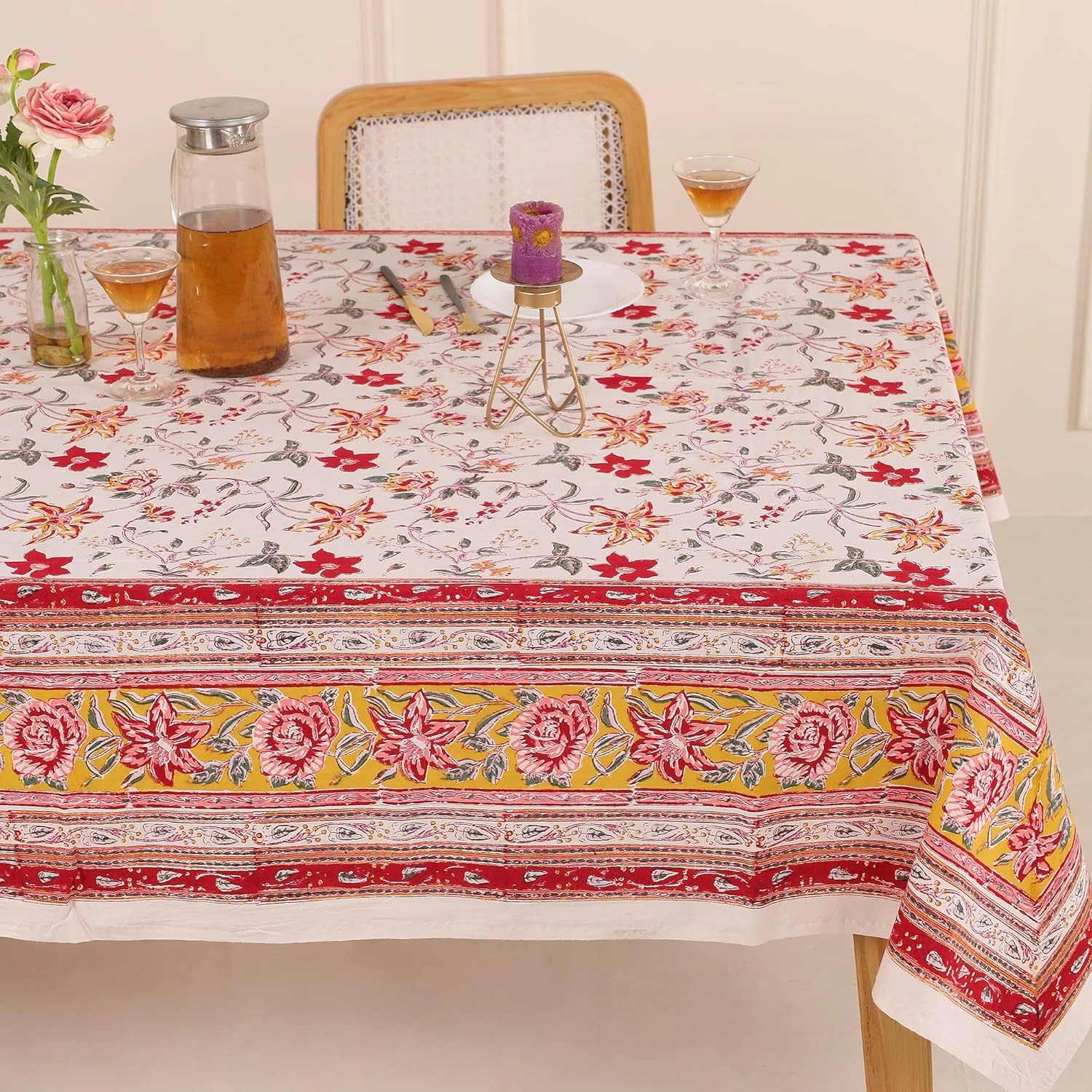COTSILER Premium Handblock Printed Cotton Floral Tablecloth/Table Cover, Rectangular, Washable, Pre-Washed, Event, Dining, Thanksgiving (Red White-D3, 72x108 Inches)