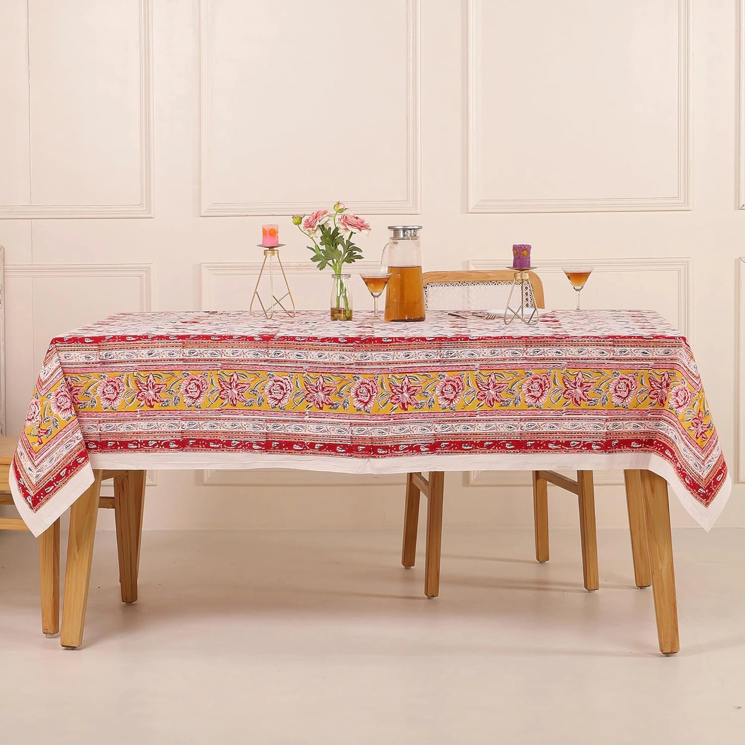 COTSILER Premium Handblock Printed Cotton Floral Tablecloth/Table Cover, Rectangular, Washable, Pre-Washed, Event, Dining, Thanksgiving (Red White-D3, 72x108 Inches)