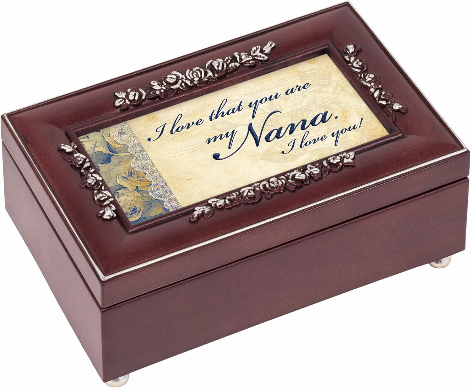 Cottage Garden Nana I Love You Rosewood Finish Embossed Silver Rose Jewelry Music Box - Plays Tune Canon in D