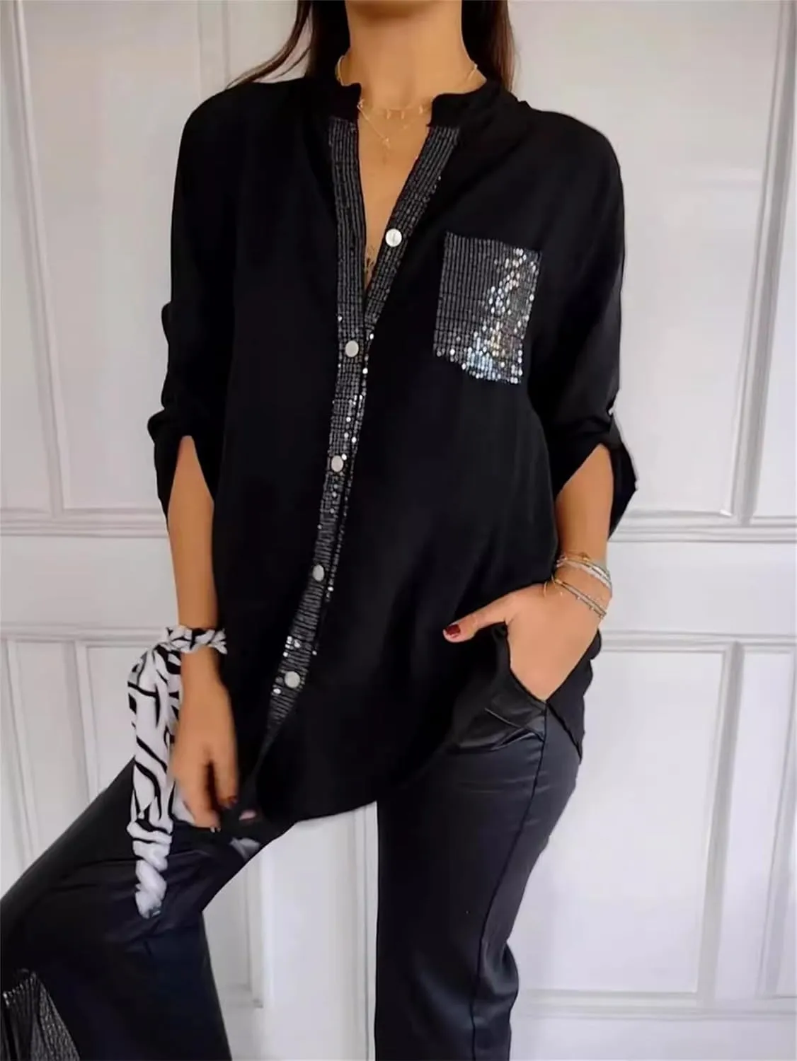 Cotton V-Neck Sequin Mid-Sleeve Casual Top, Glitter Sequin Short Sleeve V Neck Casual Tee Shirt Top
