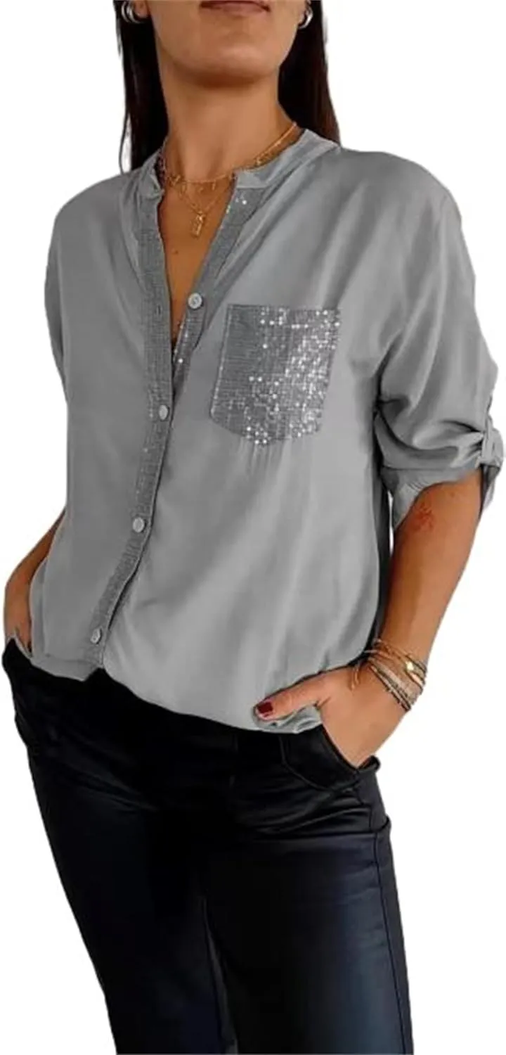 Cotton V-Neck Sequin Mid-Sleeve Casual Top, Glitter Sequin Short Sleeve V Neck Casual Tee Shirt Top