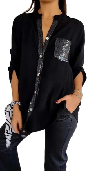 Cotton V-Neck Sequin Mid-Sleeve Casual Top, Glitter Sequin Short Sleeve V Neck Casual Tee Shirt Top