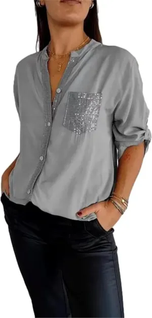 Cotton V-Neck Sequin Mid-Sleeve Casual Top, Glitter Sequin Short Sleeve V Neck Casual Tee Shirt Top