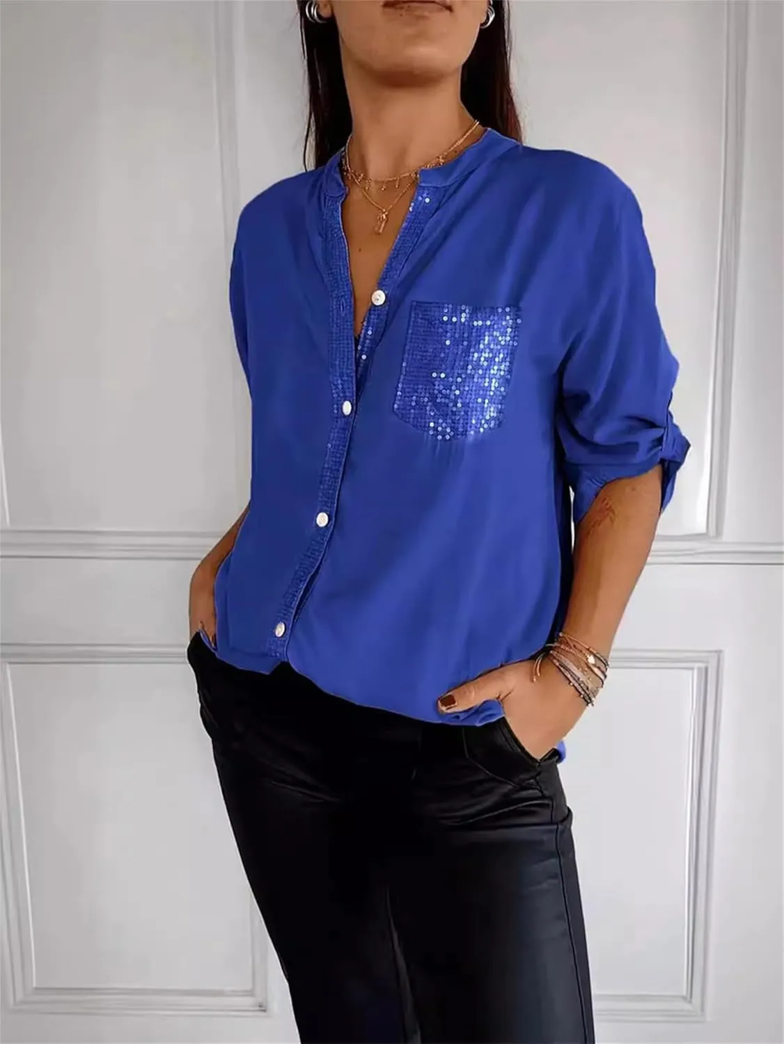 Cotton V-Neck Sequin Mid-Sleeve Casual Top, Glitter Sequin Short Sleeve V Neck Casual Tee Shirt Top