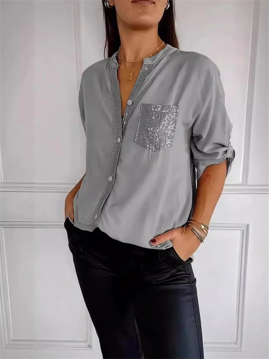 Cotton V-Neck Sequin Mid-Sleeve Casual Top, Glitter Sequin Short Sleeve V Neck Casual Tee Shirt Top