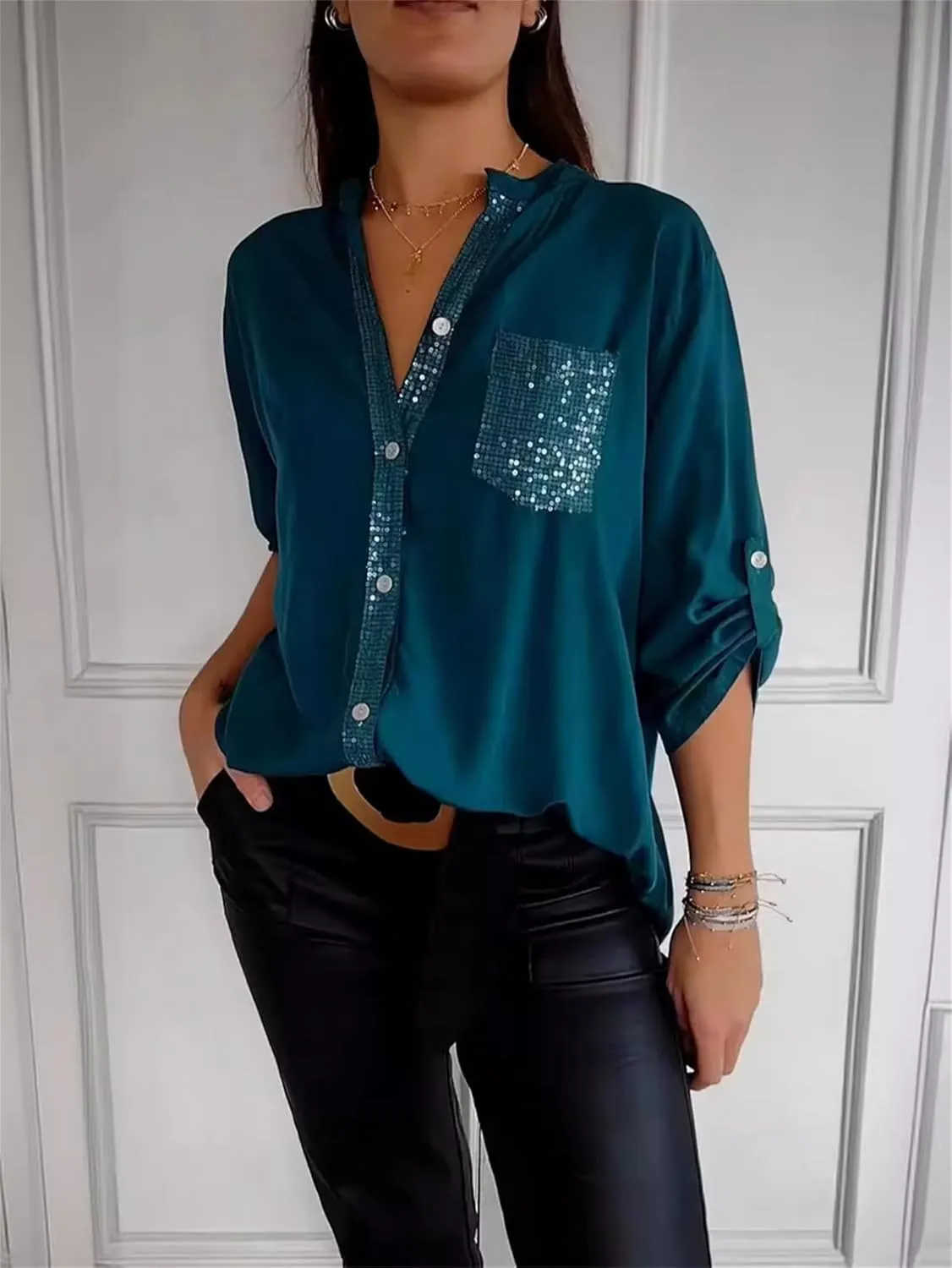 Cotton V-Neck Sequin Mid-Sleeve Casual Top, Glitter Sequin Short Sleeve V Neck Casual Tee Shirt Top