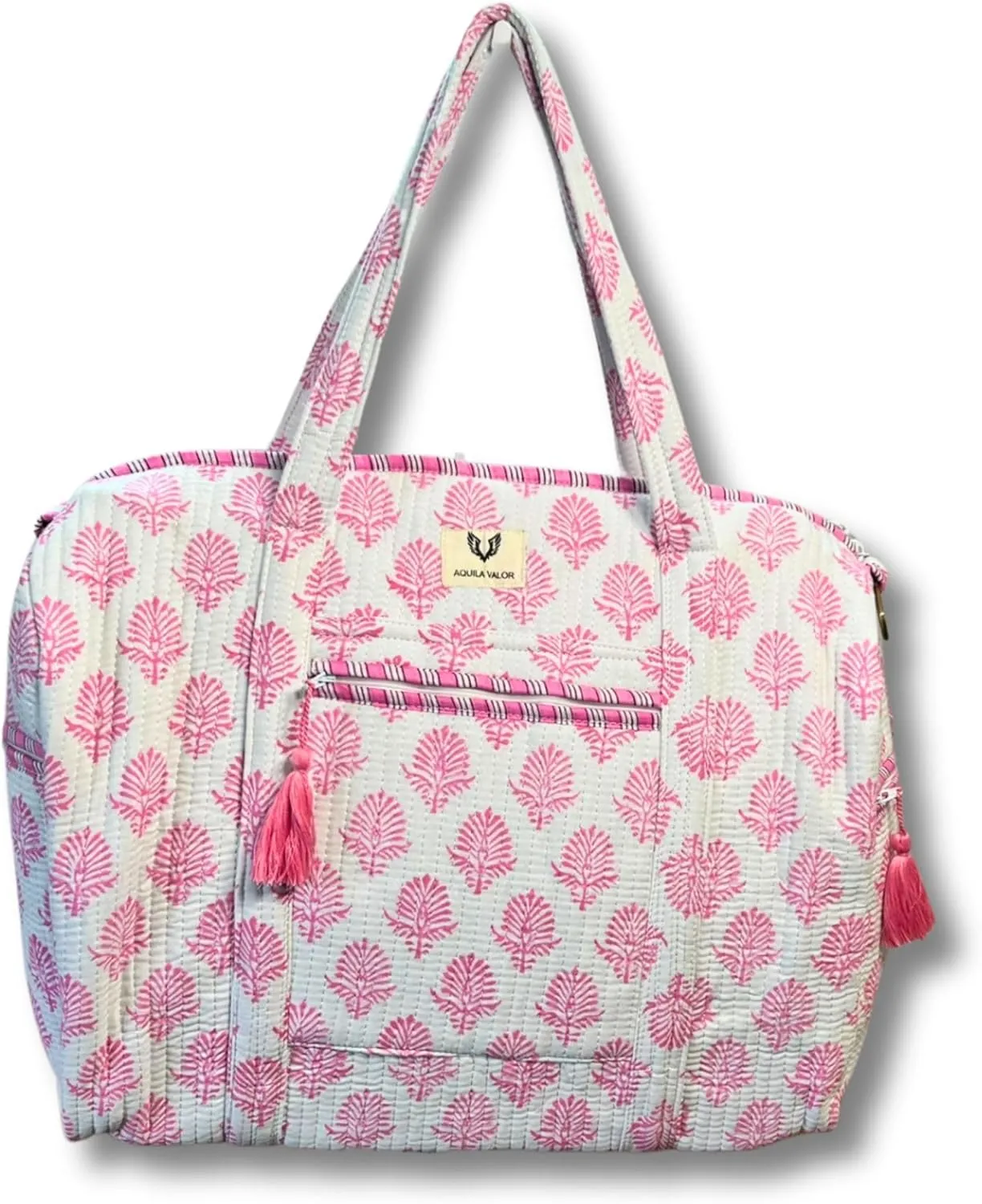 Cotton Weekender Duffel Bag- Hand Block Printed Travel Bag (Pink Whisper)