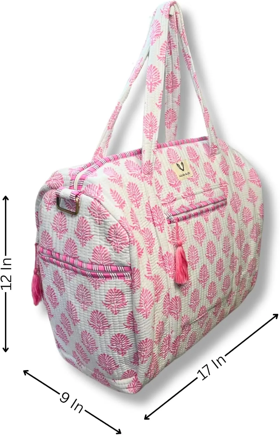 Cotton Weekender Duffel Bag- Hand Block Printed Travel Bag (Pink Whisper)