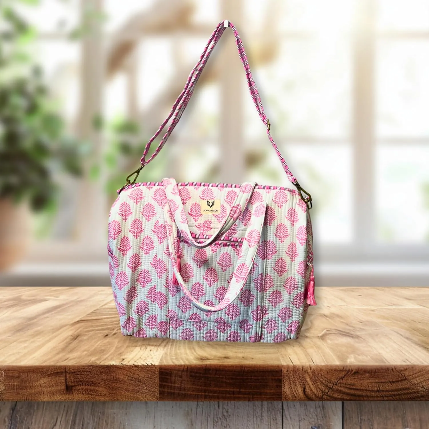 Cotton Weekender Duffel Bag- Hand Block Printed Travel Bag (Pink Whisper)