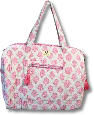 Cotton Weekender Duffel Bag- Hand Block Printed Travel Bag (Pink Whisper)