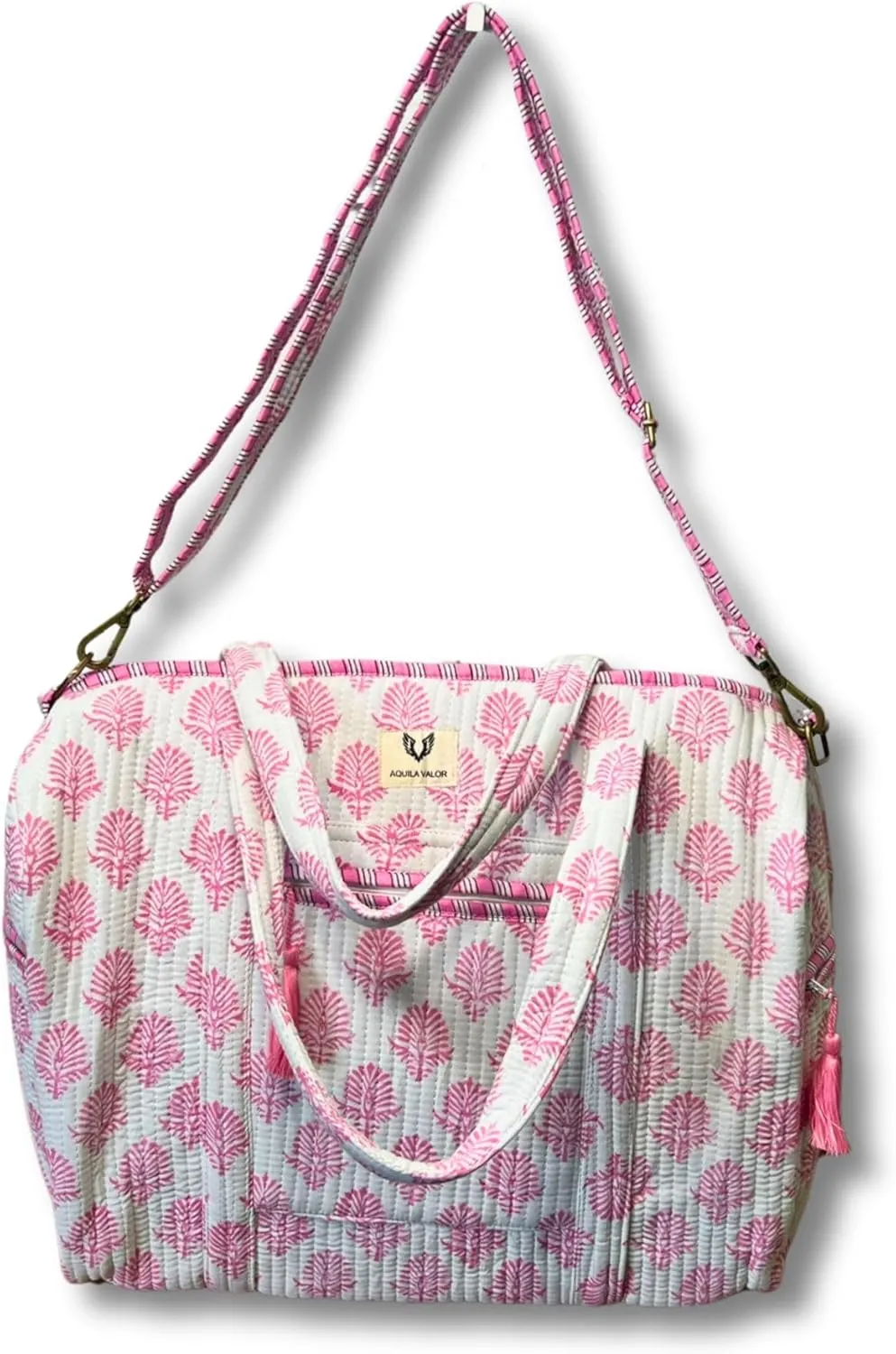 Cotton Weekender Duffel Bag- Hand Block Printed Travel Bag (Pink Whisper)
