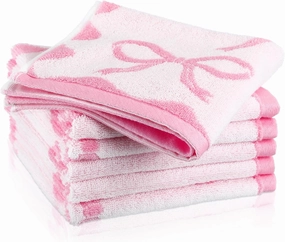 Coume 6 Pcs Pink Bow Washcloths 100% Cotton Wash Cloths 13" x 13" Coquette Small Face Towels Absorbent Soft Preppy Wash Cloths & Hand Bath Towels for Bathroom, Spa, Kitchen Drying Cleaning