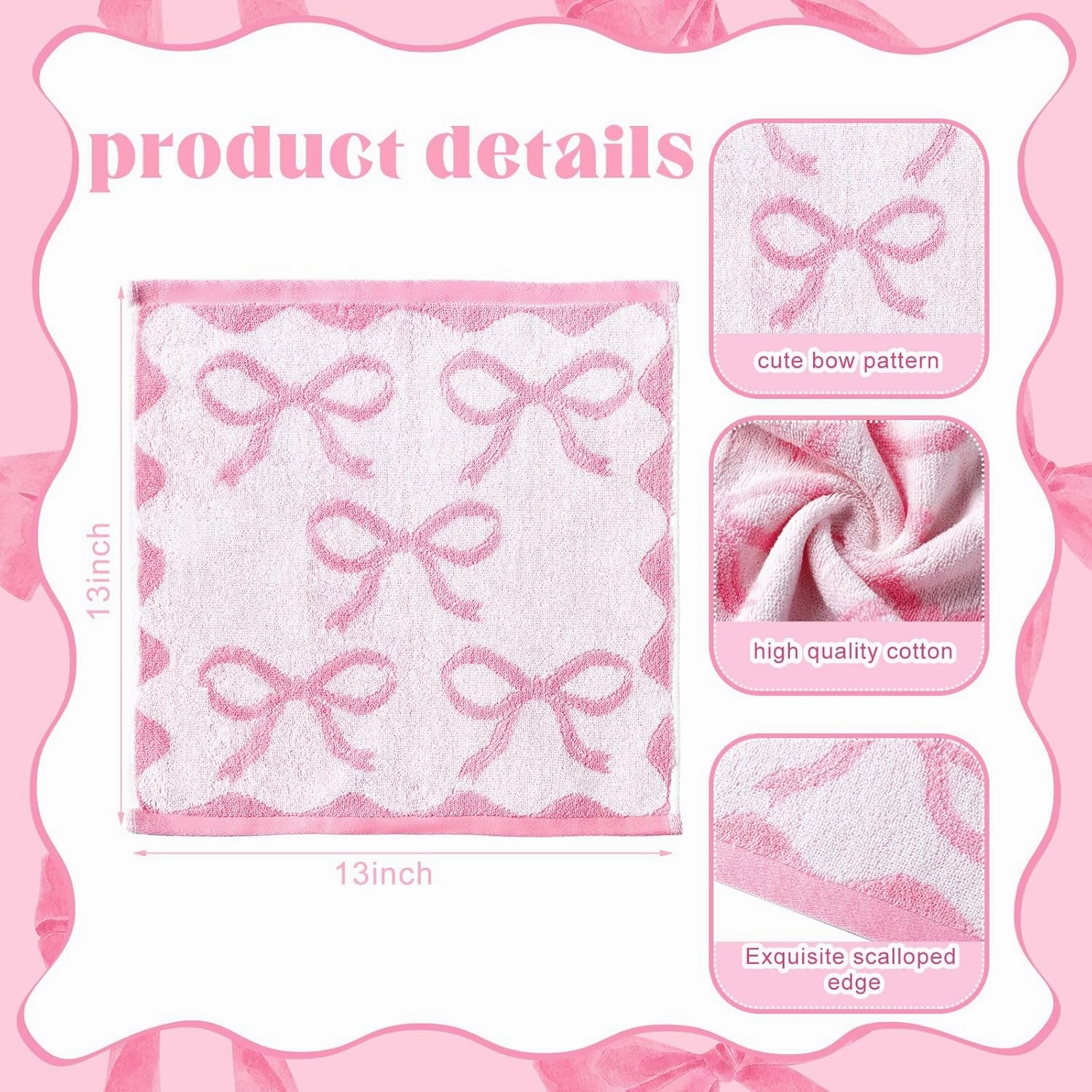 Coume 6 Pcs Pink Bow Washcloths 100% Cotton Wash Cloths 13" x 13" Coquette Small Face Towels Absorbent Soft Preppy Wash Cloths & Hand Bath Towels for Bathroom, Spa, Kitchen Drying Cleaning