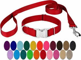 Country Brook Petz Premium Nylon Dog Collar and Leash Set for Small Medium Large Dogs - Vibrant 30  Color Selection (Medium, 3/4 Inch, Red)