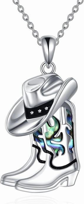 Cowboy Boot Necklace Sterling Silver 14K White Gold Plated Abalone Shell Pendant Necklace for Women