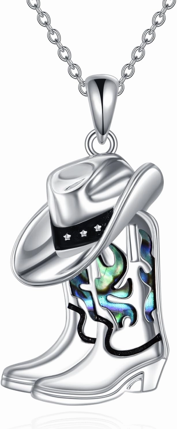 Cowboy Boot Necklace Sterling Silver 14K White Gold Plated Abalone Shell Pendant Necklace for Women