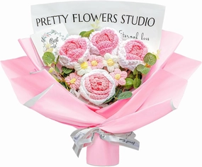 Crochet Flower Bouquet, Graduation Flower Bouquet with Gift Bag and Greeting Card, Handmade Rose Knitted Flower for Home Decor Birthdays Weddings (Pink)