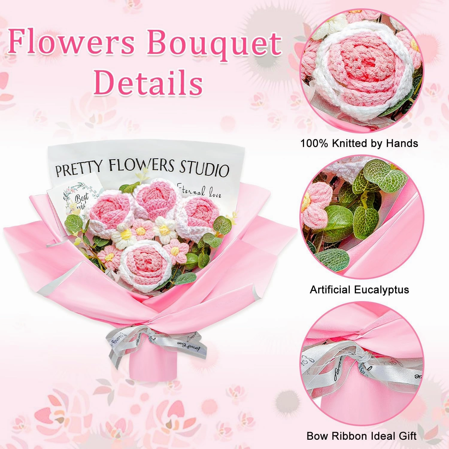 Crochet Flower Bouquet, Graduation Flower Bouquet with Gift Bag and Greeting Card, Handmade Rose Knitted Flower for Home Decor Birthdays Weddings (Pink)
