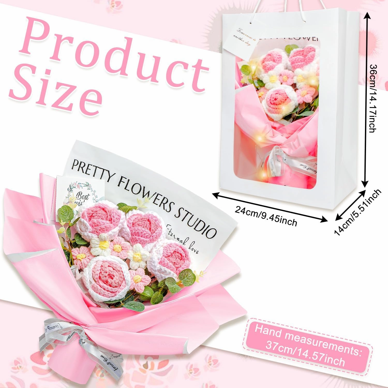 Crochet Flower Bouquet, Graduation Flower Bouquet with Gift Bag and Greeting Card, Handmade Rose Knitted Flower for Home Decor Birthdays Weddings (Pink)