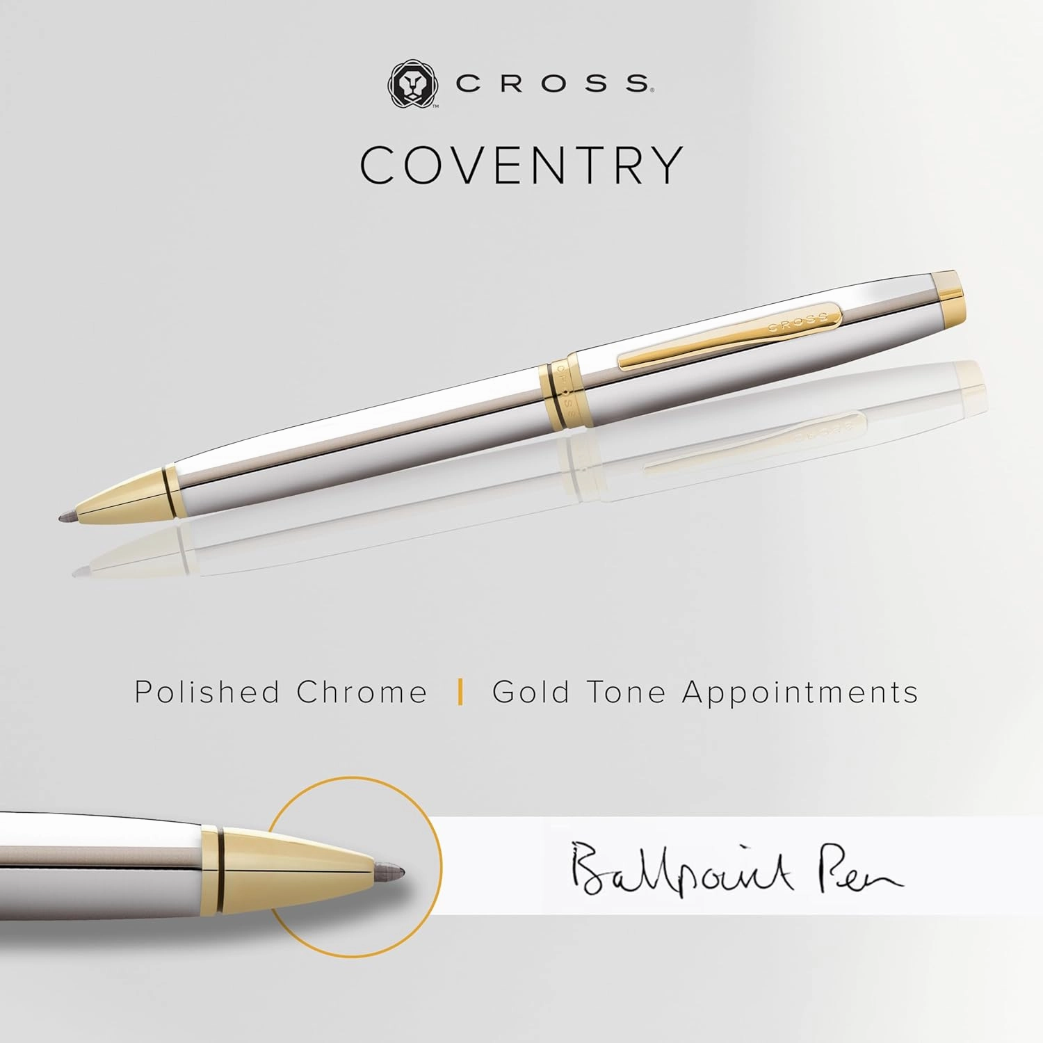 Cross Coventry Refillable Ballpoint Pen Presented in a Everyday Gift Box - Medium Point, Black Ink, Polished Chrome & Gold