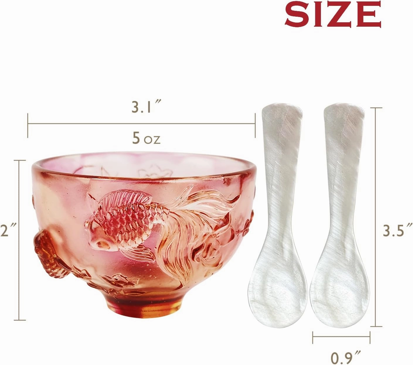Crystal Caviar Serving Set with 2 Mother of Pearl Spoons Handcrafted Glass Caviar Dish with Fish Relief Design,Vibrant Colors Showcasing,5oz Capacity,Dishwasher Safe,Red