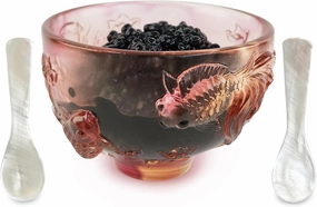 Crystal Caviar Serving Set with 2 Mother of Pearl Spoons Handcrafted Glass Caviar Dish with Fish Relief Design,Vibrant Colors Showcasing,5oz Capacity,Dishwasher Safe,Red