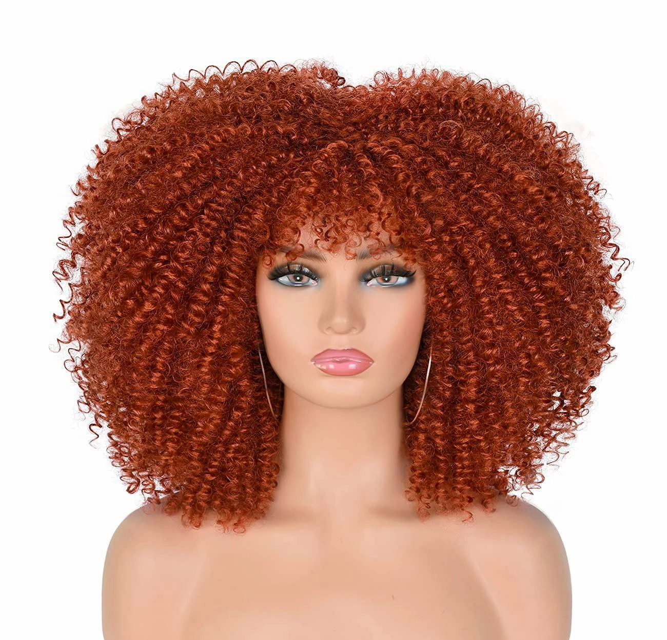 Curly Afro Wigs for Black Women Short Kinky Curly Wigs with Bangs 14inch Copper Red Afro Hair Synthetic Fiber Wig(350R)