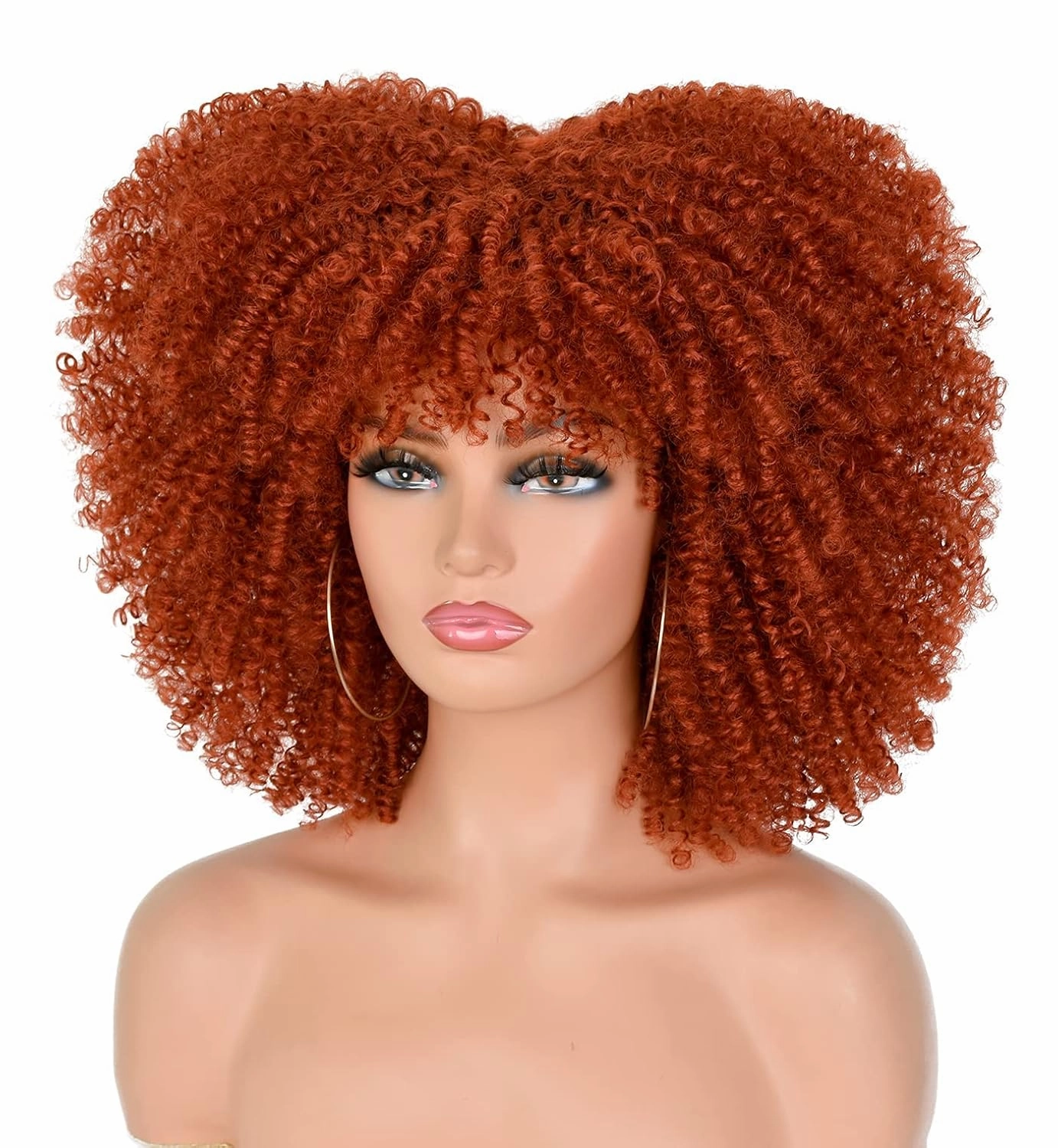 Curly Afro Wigs for Black Women Short Kinky Curly Wigs with Bangs 14inch Copper Red Afro Hair Synthetic Fiber Wig(350R)