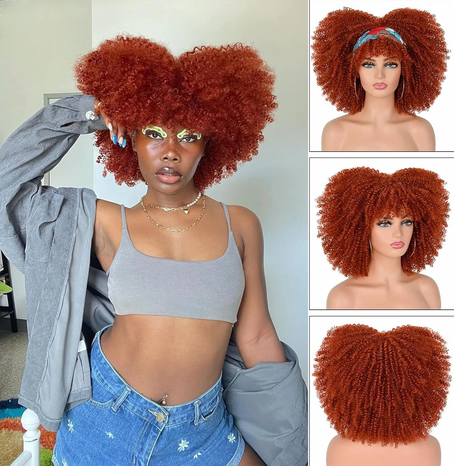 Curly Afro Wigs for Black Women Short Kinky Curly Wigs with Bangs 14inch Copper Red Afro Hair Synthetic Fiber Wig(350R)