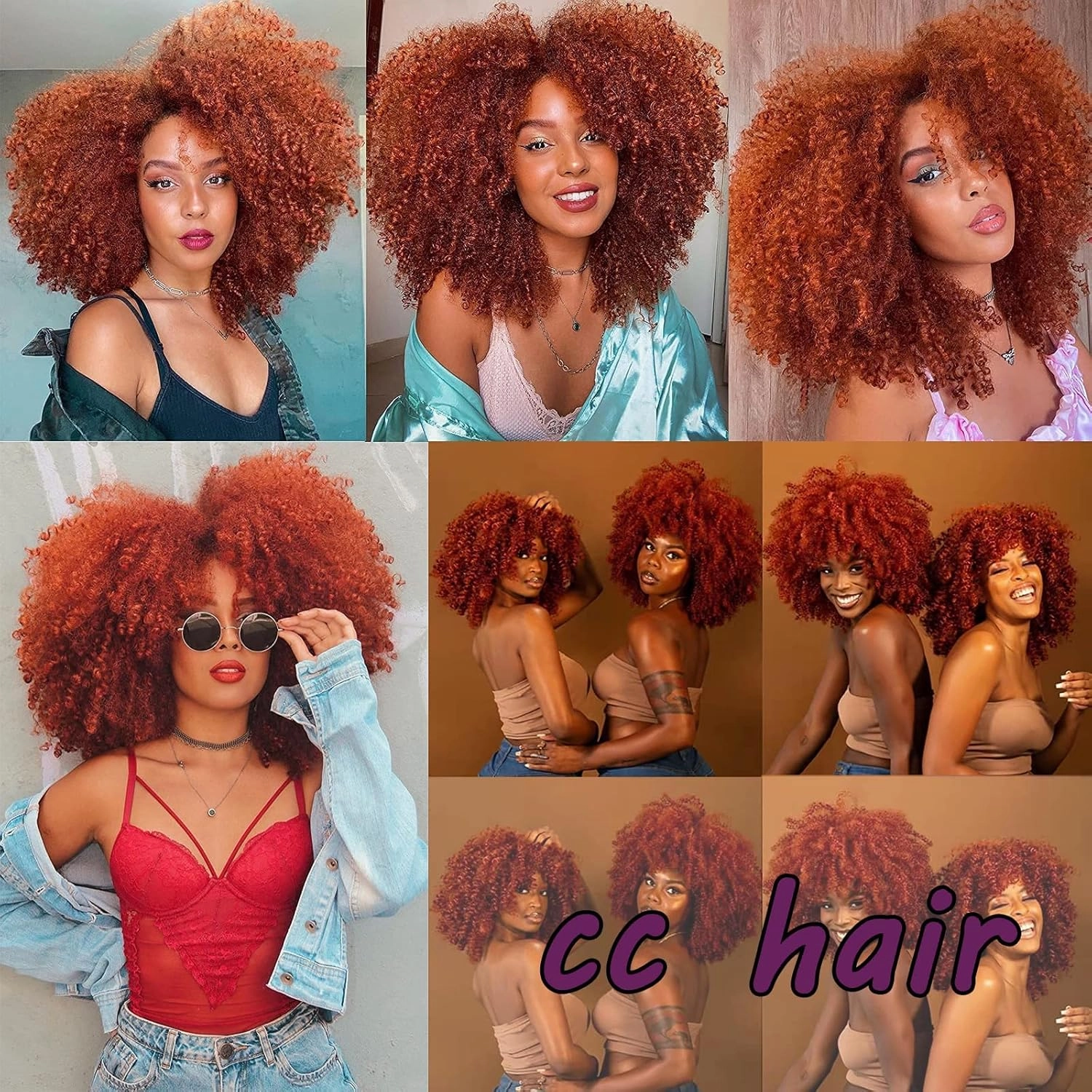 Curly Afro Wigs for Black Women Short Kinky Curly Wigs with Bangs 14inch Copper Red Afro Hair Synthetic Fiber Wig(350R)