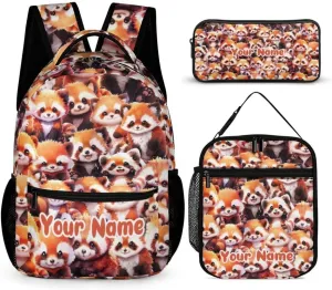 Custom Red Panda Backpack with Lunch Box & Pencil Case for Kids Girls Boys School, 16 Inch Cute Red Pandas Bookbag, School Backpack for Students Children, Lightweight, Large Capacity