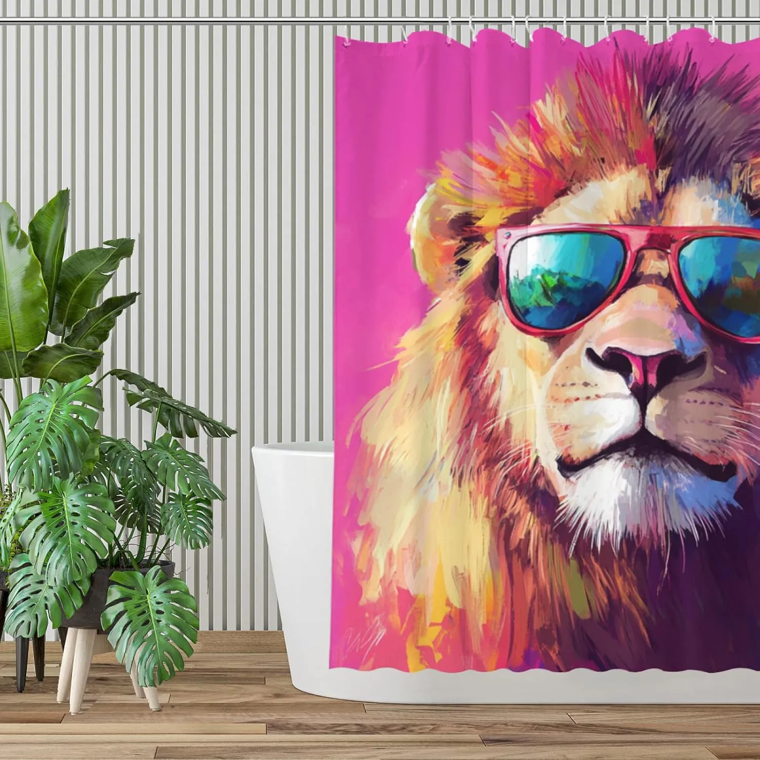 Cute Lion Pink Shower Curtain, Oil-Paints Hot Pink Curtain, 72x72 Inches Shower Curtains for Bathroom, Snow Fabric Bath Curtains Set with 12 Hooks