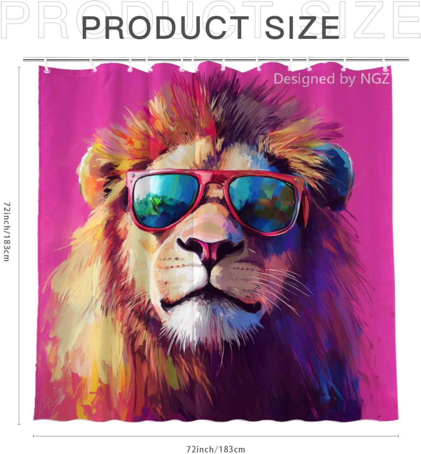 Cute Lion Pink Shower Curtain, Oil-Paints Hot Pink Curtain, 72x72 Inches Shower Curtains for Bathroom, Snow Fabric Bath Curtains Set with 12 Hooks