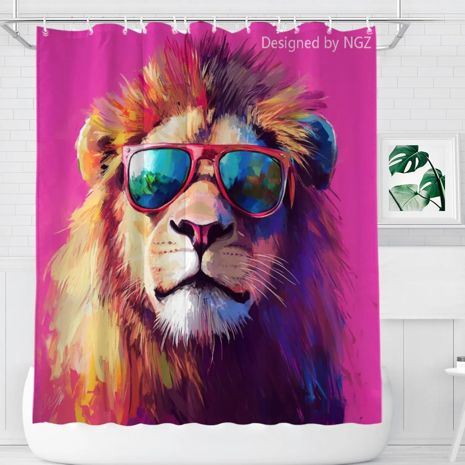 Cute Lion Pink Shower Curtain, Oil-Paints Hot Pink Curtain, 72x72 Inches Shower Curtains for Bathroom, Snow Fabric Bath Curtains Set with 12 Hooks