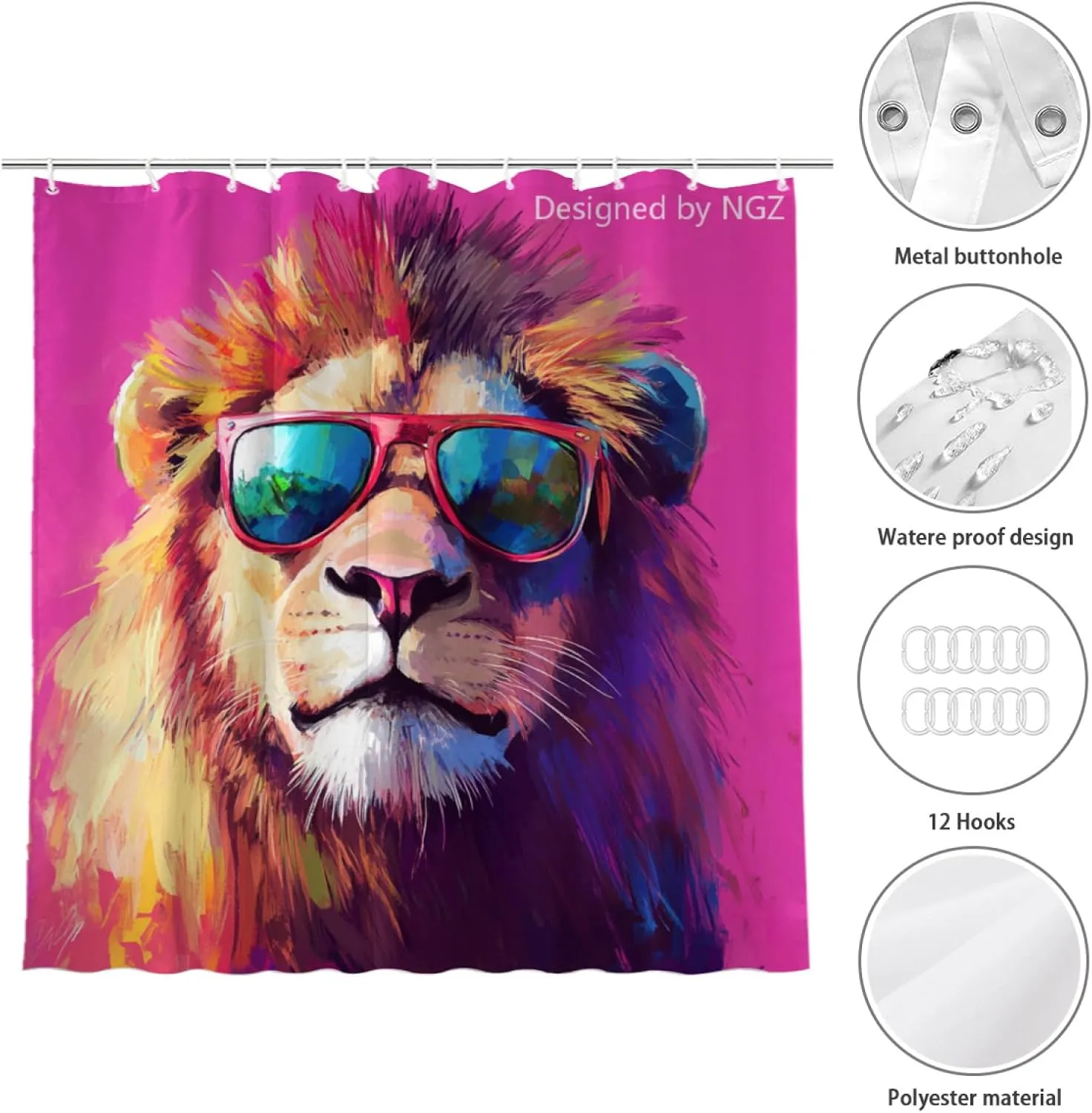Cute Lion Pink Shower Curtain, Oil-Paints Hot Pink Curtain, 72x72 Inches Shower Curtains for Bathroom, Snow Fabric Bath Curtains Set with 12 Hooks