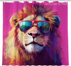 Cute Lion Pink Shower Curtain, Oil-Paints Hot Pink Curtain, 72x72 Inches Shower Curtains for Bathroom, Snow Fabric Bath Curtains Set with 12 Hooks