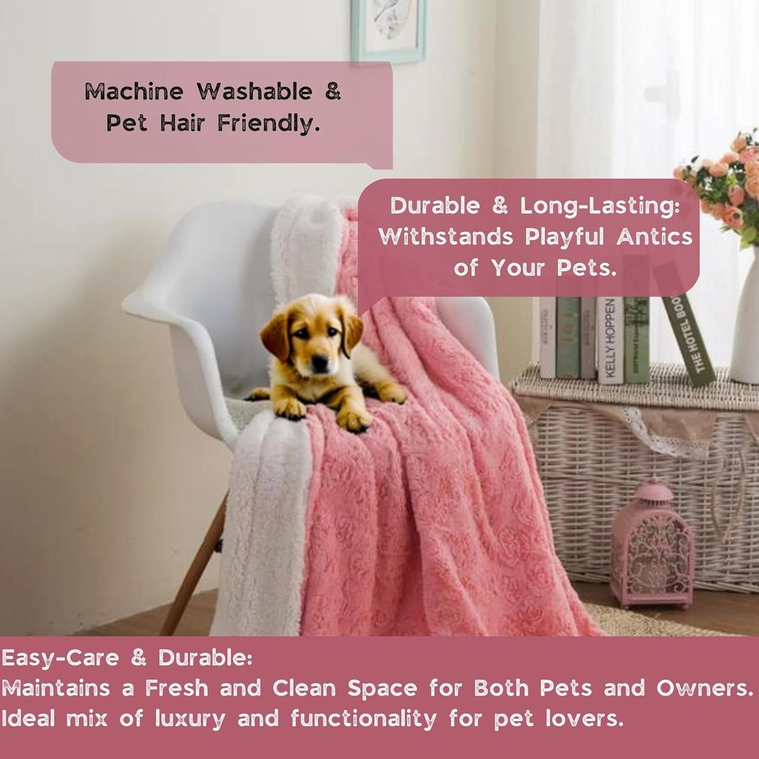 DaDa Bedding Luxury Faux Fur Throw Blanket - [ Non Shedding - Machine Washable] Fluffy Super Cuddly Soft Roses Sherpa Backside - Warm Plush for Lap or Sofa - Bright Vibrant Pink & White - 50" x 60"