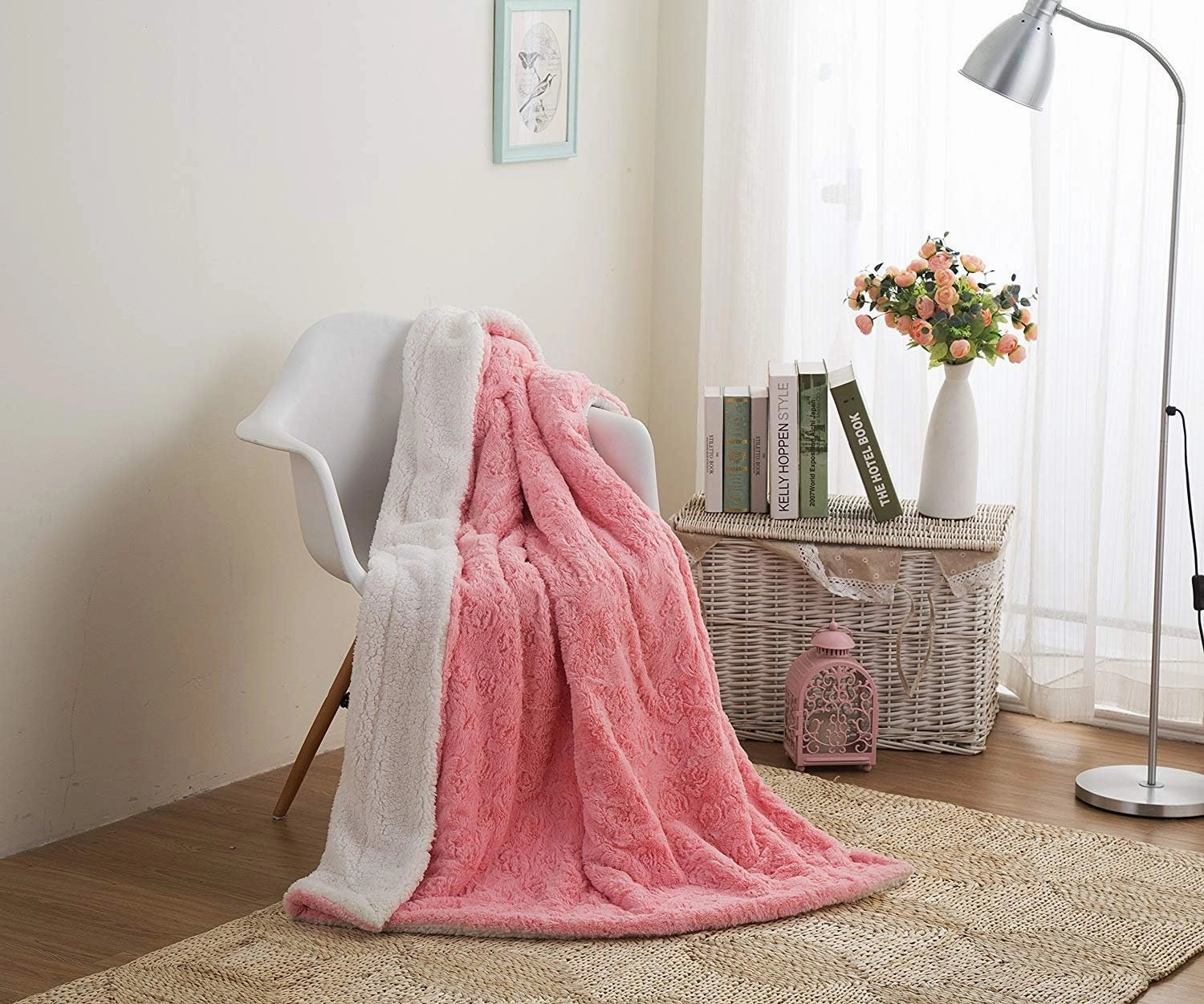 DaDa Bedding Luxury Faux Fur Throw Blanket - [ Non Shedding - Machine Washable] Fluffy Super Cuddly Soft Roses Sherpa Backside - Warm Plush for Lap or Sofa - Bright Vibrant Pink & White - 50" x 60"