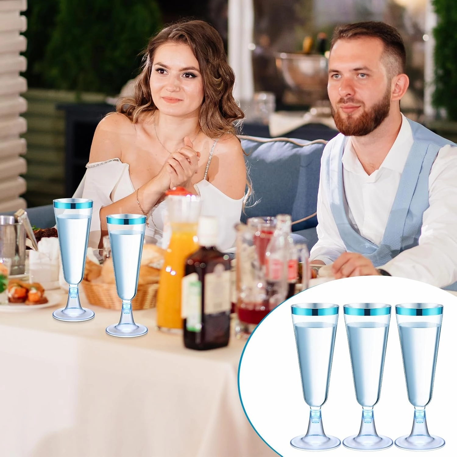 Dandat 100 Pcs Plastic Flutes Disposable Champagne Flutes 5 oz Champagne Glasses with Rim Cocktail Cups for Wedding Toasting Party Birthday Anniversary Celebration (Blue with Blue Rim)